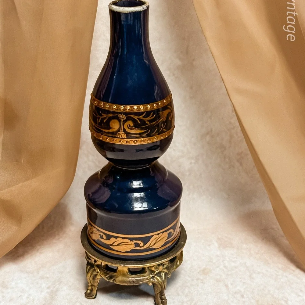 Cobalt Blue and‎ Gold Porcelain Toya Vase on Brass Stand